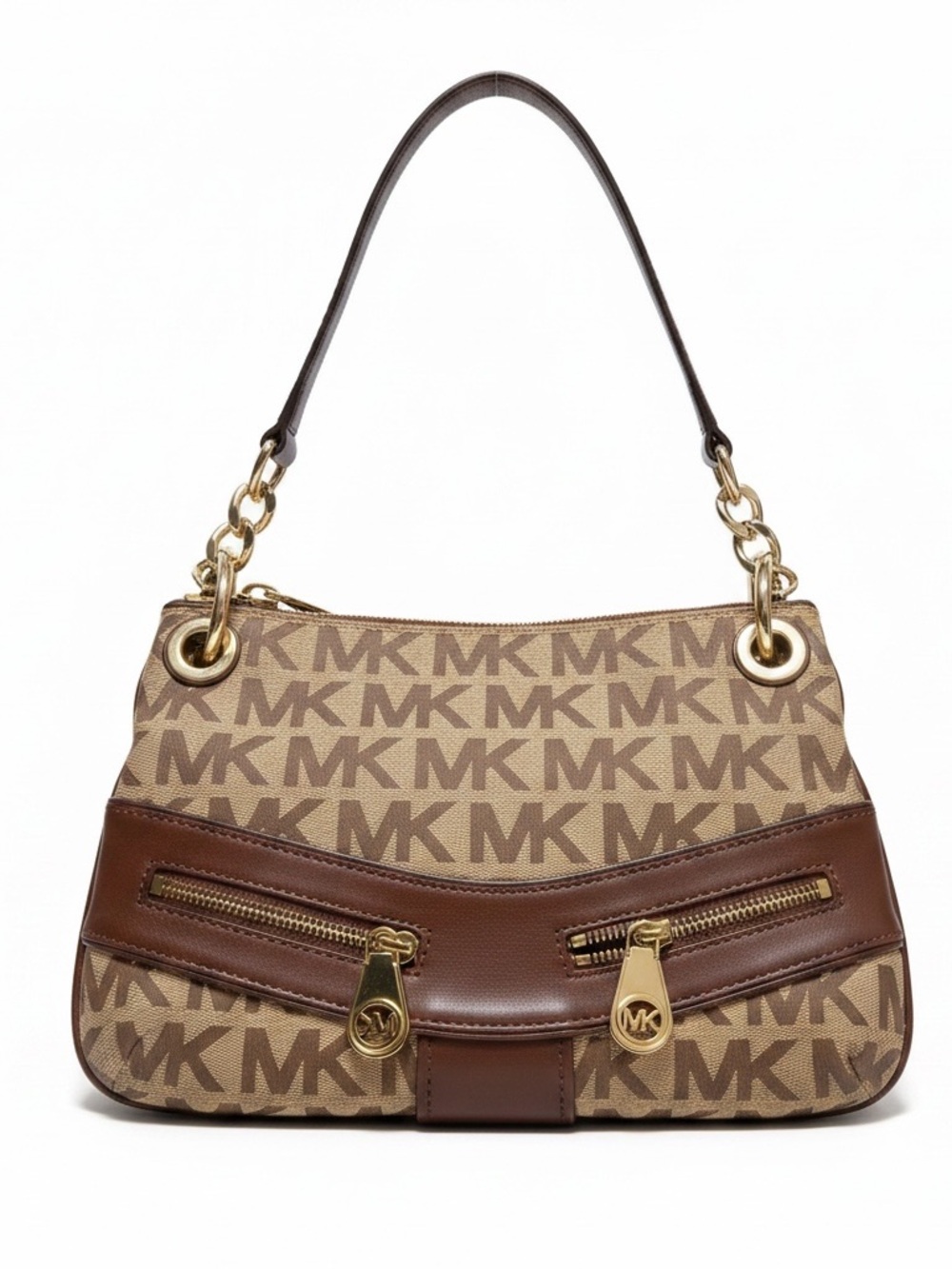 Michael Kors Tan and Brown MK Logo Shoulder Bag with Gold Hardware